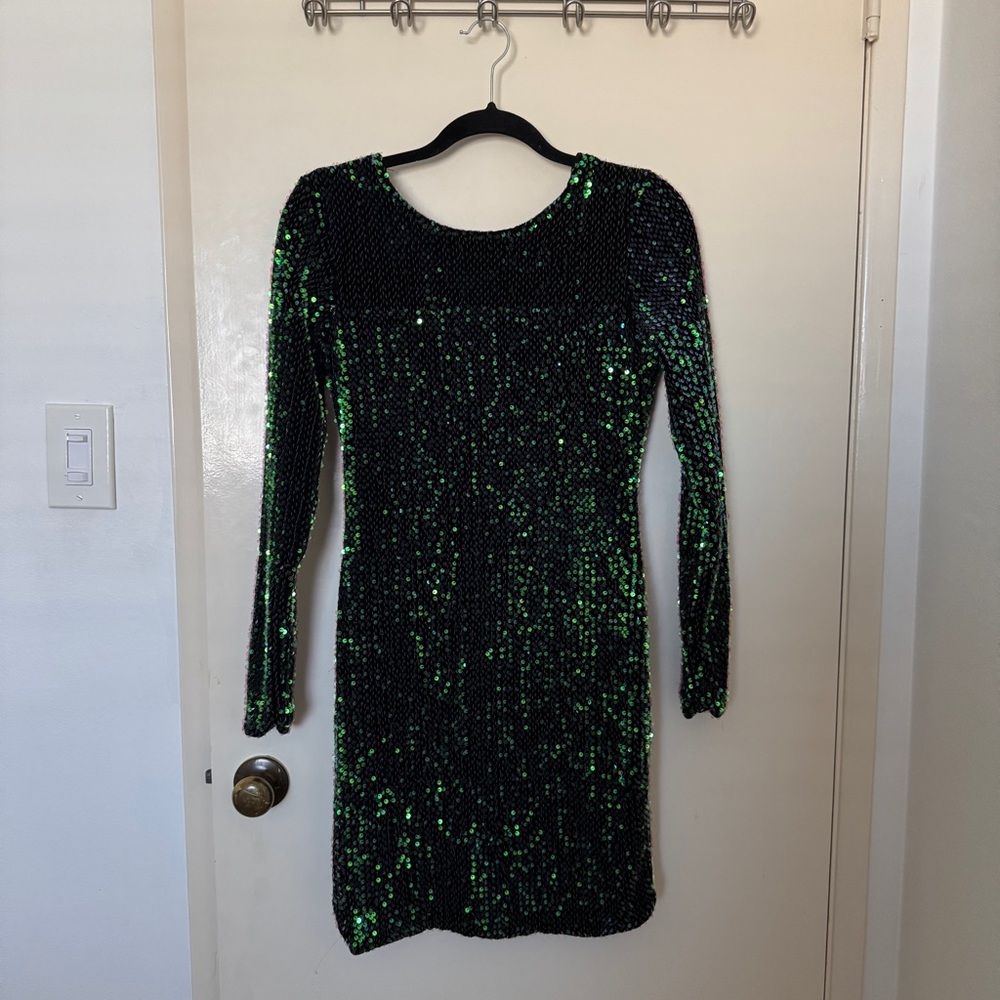 Topshop Black and Green Sequin Long Sleeve Dress